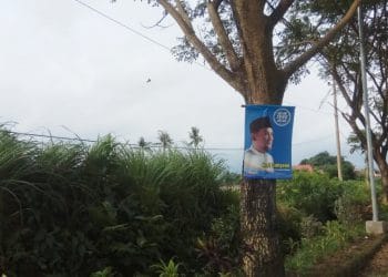Banner Heri Cahyono 'Calon Bupati Malang' yang dipasang di pohon dengan cara dipaku