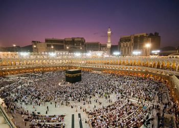 Muslim pilgrims circumambulate (walk around) the Kaaba after dawn prayer at Masjidil Haram in Makkah, Saudi Arabia. Muslims all around the world face the Kaaba during prayer time.