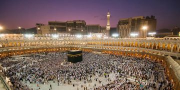 Muslim pilgrims circumambulate (walk around) the Kaaba after dawn prayer at Masjidil Haram in Makkah, Saudi Arabia. Muslims all around the world face the Kaaba during prayer time.