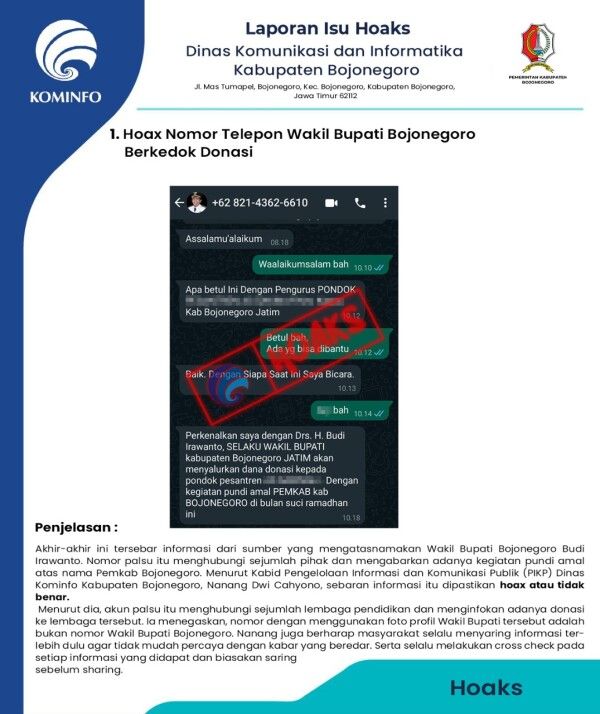 Hoax, Nomor Telepon Mengatasnamakan Wakil Bupati Bojonegoro Berkedok Donasi