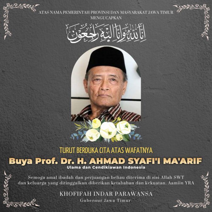 Gubernur Khofifah Sampaikan Duka Mendalam atas Wafatnya Buya Syafii
