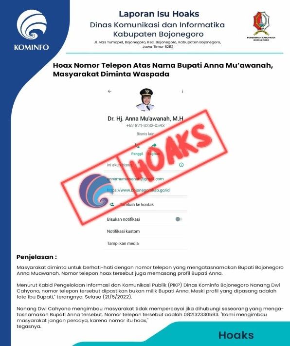 Warga Diminta Waspada dengan Nomor Telepon Hoaks Mengatasnamakan Bupati Bojonegoro