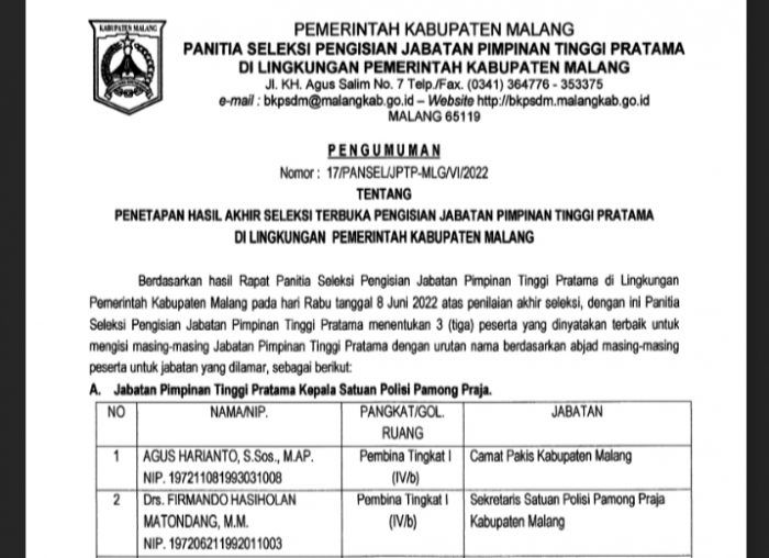 Ini Hasil Akhir Seleksi Jabatan Pimpinan Tinggi Pratama Kabupaten Malang