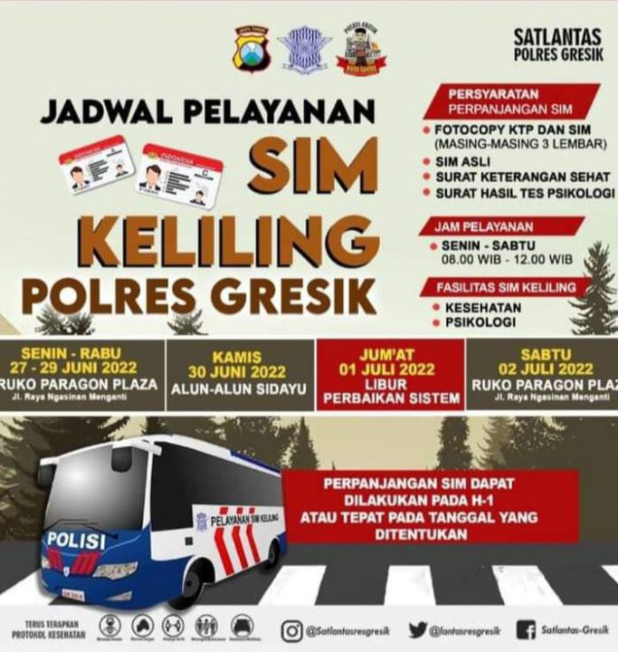 Jadwal Pelayanan SIM Keliling Gresik 27 Juni-2 Juli 2022, Cek Lokasinya
