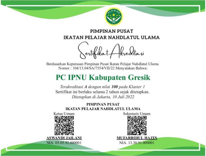 PC IPNU Kabupaten Gresik Meraih Akreditasi A dengan Nilai 100
